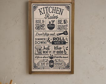 Funny Kitchen Rules Sign – Rustic Farmhouse Wall Decor