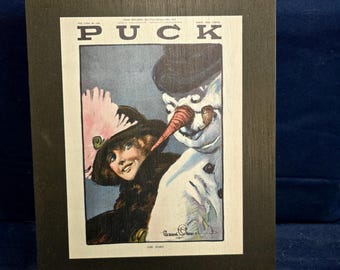 Snowman and Lady Christmas Puck Magazine Cover Printed Wood Sign for Decoration, Wall Art