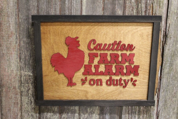 Rooster Alarm Clock Wood Sign Caution Farm Alarm On Duty Chicken Wood Sign 3D Raised Text Rustic Country Cabin Wall Art  Dining Room Red