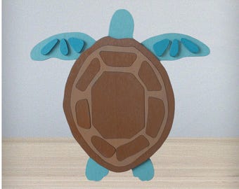 Sea Turtle 3D Wooden Cutout – Brown and Turquoise Beach Decor – Ocean Theme Craft Piece