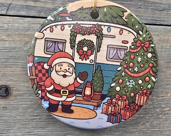 Santa in a Camper RV Delivering Presents on a Ceramic Ornament Printed for Christmas Tree