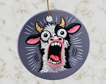 Ceramic Printed Cow Ornament – Funny Farmhouse Decor – Round Glossy Gift for Animal Lovers
