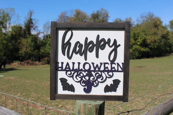 Halloween Small Square Wood Sign Rustic Black White Purple Fancy Spooky October Autumn Fall Outdoor Indoor Stained Framed Customizable Bats