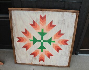 Tulip barn quilt primitive farm decor orange red and green white wash made from wood outdoor hang in garden star flower