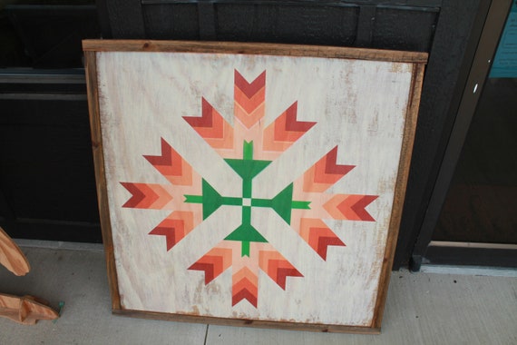 Tulip barn quilt primitive farm decor orange red and green white wash made from wood outdoor hang in garden star flower