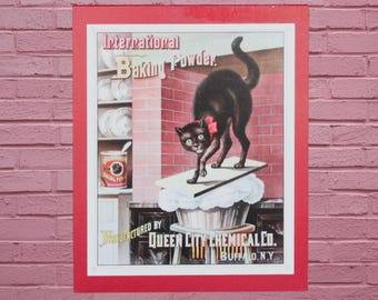 Vintage Baking Powder Advertisement Art Print – Black Cat on Rising Cake Illustration in Classic Antique Style for Retro Kitchen Wall Decor