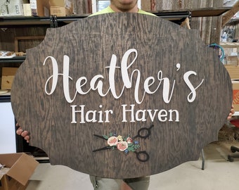 Salon Scissors Flowers Floral Shop Store Hair Dresser Beautician Business Sign Address Established Sign Exterior Outdoor Wooden Wood