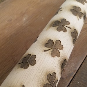 Shamrock, Four Leaf Clover, Lucky, Irish, St Patricks Day,Texture,  10 Inch Rolling Pin, Pie Crust, Gift, Embossed, Engraved, Wood, pottery