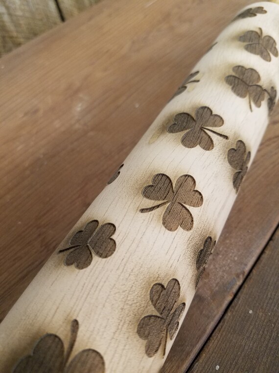 Shamrock, Four Leaf Clover, Lucky, Irish, St Patricks Day,Texture,  10 Inch Rolling Pin, Pie Crust, Gift, Embossed, Engraved, Wood, pottery