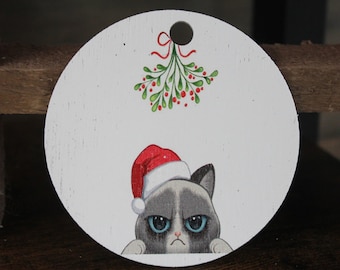 Grumpy Cat Siamese Himalayan Keychain Christmas White Wood Mistletoe Santa Hat Ornament Blue Eyes Feline Decoration Décor  Circle Sign Gift