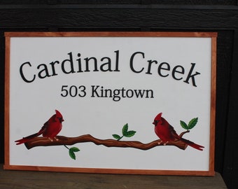 Cardinal Bird Red Address Sign Creek Printed 3D Detail Color Custom Personalized Farm Wooden Raised Handmade Framed Home Business