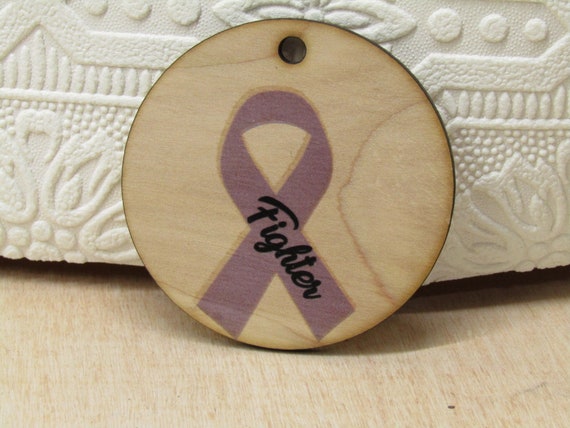 Cancer Awareness Fighter Battle Cancer Ribbon Ornament Gift Tag Christmas Printed Image Woodslice Tree Trimming Birch Purple Ribbon