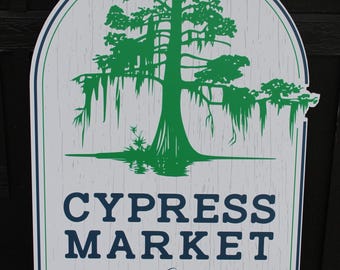 Waterproof PVC Business Sign Cypress Market Logo with Tree Design Rustic Custom Storefront Sign for Gourmet Meats & Specialty Goods
