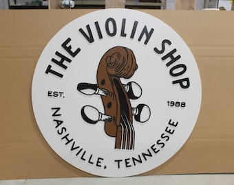 Violin Music Musician Store Business Commerical Signage Strings Orchestra Custom Logo Raised Sign 3D Wooden Handmade Round Sign Store Front