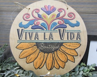 Custom Boutique Printed Wood Sign – Round Custom Logo Sign - Sunflower Floral Design - Display for Shops, Studios, or Small Businesses