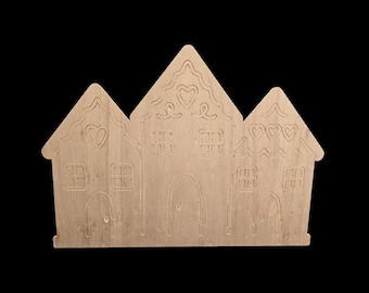 Extra Large Engraved Wooden Gingerbread House Trio – Natural Wood - Holiday Décor with Heart & Icing Details
