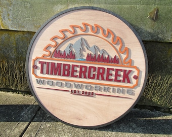 Carpenter Woodworking Mountains Heavy Machinery Timbercreek Outdoors Hiking Mancave Handmade Wood Round Sign Commerical Signage Sawblade