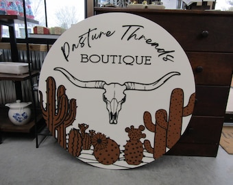 Custom Boutique Logo Sign Commerical Signage Longhorn Desert Steer Cactus Cacti Skull Rustic Look 3D Raised Elevated Round Circle Storefront