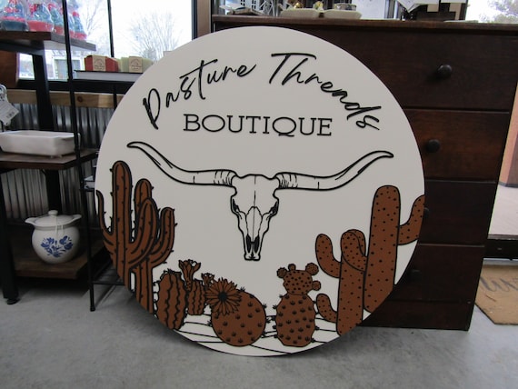 Custom Boutique Logo Sign Commerical Signage Longhorn Desert Steer Cactus Cacti Skull Rustic Look 3D Raised Elevated Round Circle Storefront