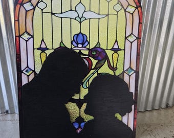 Custom Wedding Silhouette Sign: Stained Glass Style, Personalized Wood Art