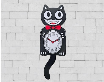 Cat Clock 3D Printed Wood Wall Art – Retro Black Cat Design with Red Bow Tie – Quirky Home Decor Gift
