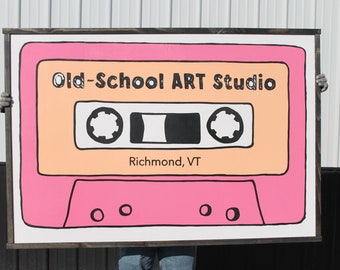Vintage Cassette Tape Sign Retro Art Business Sign Studio Old School Wood Custom Business Logo Large Rectangle Raised Commercial