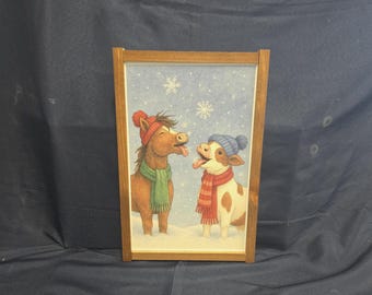 Whimsical Winter Horse & Cow Sign – Festive Farmhouse Animal Decor, Snowy Holiday Wall Art