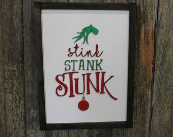 Stink Stank Stunk Sign Raised 3D Wood Mean One Christmas Décor Decoration Wall Art Farmhouse Rustic Primitive Fingers Smile Hand Festive
