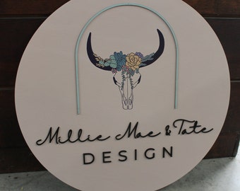 Custom Sign Longhorn Succulents Round Business Commerical Signage Boutique Made to Order  Store Front Small Shop Logo Circle Wooden Handmade
