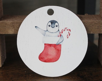 Hello Penguin Stocking Candy Cane Happy Christmas Festive Waving Ornament Decoration White Painted Uv Printed Image Red Holidays