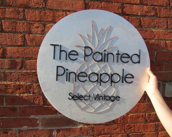 Custom Handmade Signage Commerical Business Sign The Painted Pineapple Vintage Store Front Raised 3D Image Round Circle Wood Layered Logo