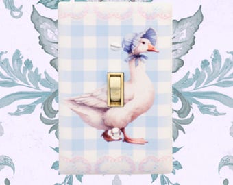 Goose Gingham Light Switch Cover – Vintage‑Style Goose with Bonnet on Blue Checkered Background for Cute Cottagecore Home Decor