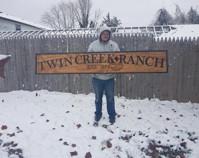 Featured listing image: Large Custom Ranch Sign, Over-sized Rustic Business Logo, Wood, Laser Cut Out, 3D, Extra Large, Sign Footstepsinthepast