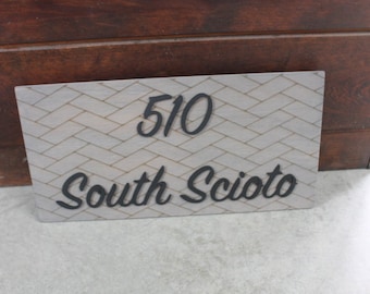 Custom Address Sign Chevron Subway Tile Herringbone Engraved and Raised Personalized Street Sign Wooden Handmade Layered Your Address Etched