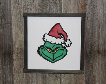 Youre A Mean One Smile Raised 3D Wood Christmas Decoration Character Santa Hat Black Frame Décor Decoration Wall Art Farmhouse Rustic
