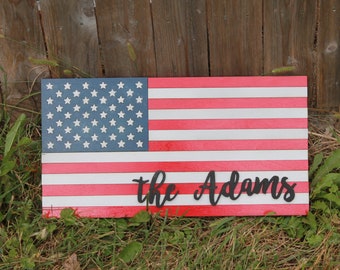 Raised Text 3D American Flag Wood Sign Custom Family Name Sign USA Patriotic Stars Stripes Independence Day Wood Laser 4th of July Fourth