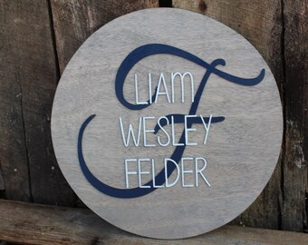 Monogram Round Family Name Sign 3D Raised Text Custom Colors Size Font Letter Nursery Kids Baby Room Gift Script Farmhouse Rustic Wall Decor