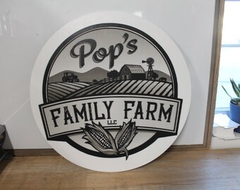 Family Farm Corn Barn Homestead Pops Giftable Country Tractor Black and White Printed and 3D Custom Sign Round Made to Order Wooden Handmade