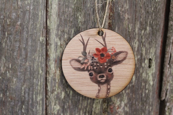 Christmas Deer Floral Wreath Headpiece Ornament Baby Fawn Winter Flowers Face  Ears Spots Wall Hanging Tree Rustic Farmhouse Wood