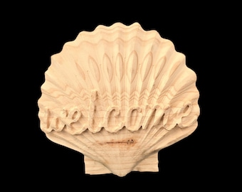 Carved Wooden Seashell Welcome Sign – Natural Beach House Décor Coastal Entry Plaque DIY