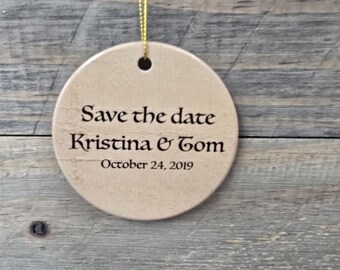Personalized Ceramic Save the Date Ornament – Rustic Wedding Favor