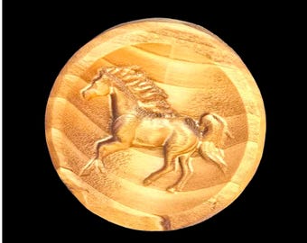 Carved Wood Horse Medallion – Round Plaque with Galloping Horse Design