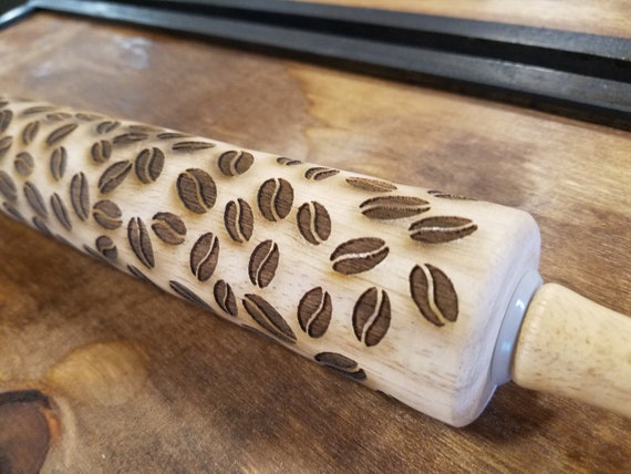 Coffee Bean, Gift, Embossed, Engraved, Wooden Rolling Pin, Pottery Press, Cookie Stamp, Laser, Hardwood, Pattern, 10 inch, Texture textured