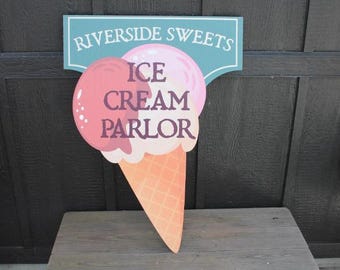 Custom Ice Cream Parlor Snack Sign Contour Vintage Outdoor Textured PVC All Weather Durable Print Color Sweets Cone Commerical Business