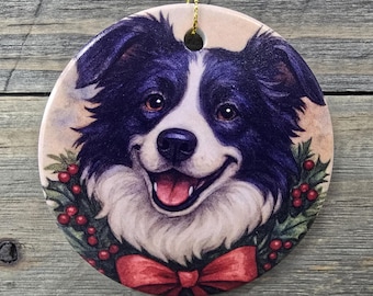 Festive Dog Wearing a Wreath Printed on a Ceramic Ornament for gift, tree or decor