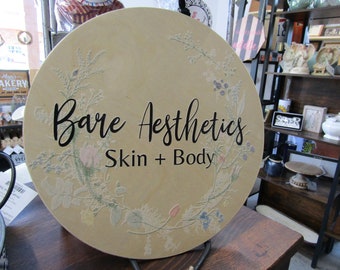 Custom Bare Aesthetics Skin and Body Round Floral Lightweight Business Small Shop Printed Wood Your Logo Circle Booth Vendor Table Wall Sign