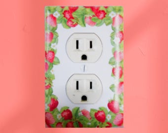 Strawberry Outlet Cover – Cute Retro Berry and Leaf Border Illustration for Cottagecore, Kitchen, or Playful Home Decor