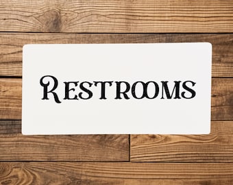 Restrooms Sign – Black Lettering on White for Farmhouse, Retro, Cottage, or Small‑Business Bathroom Door or Wall Decor
