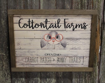 Cottontail Farms Wood Sign Spring Bunny Rabbit Glasses Shiplap Rustic Primitive Wall Art Picture Text Script Open Daily Carrot Patch Trails