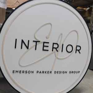 Custom Sign Round Business Interior Designer Group Commerical Signage Made to Order Logo Circle Wooden Handmade Raised Text Home Minimalist image 3